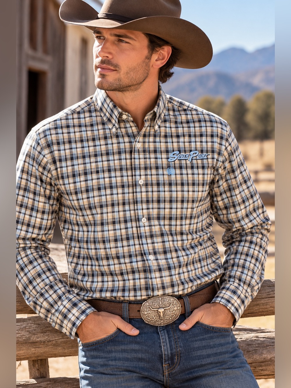 Cinch Men’s Tan, Blue & Cream Plaid Button-Down Shirt